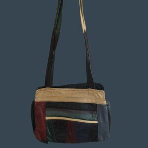Leather Shoulder Bag Multi-Color Patchwork W/Zippered Pockets VTG